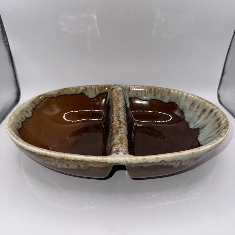 Vintage Canonsburg Pottery Stoneware Brown Drip Glaze Oval Divided Serving Bowl